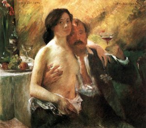 Lovis Corinth: Önarckép Charlotte Berenddel és pezsgőspohárral, 1902